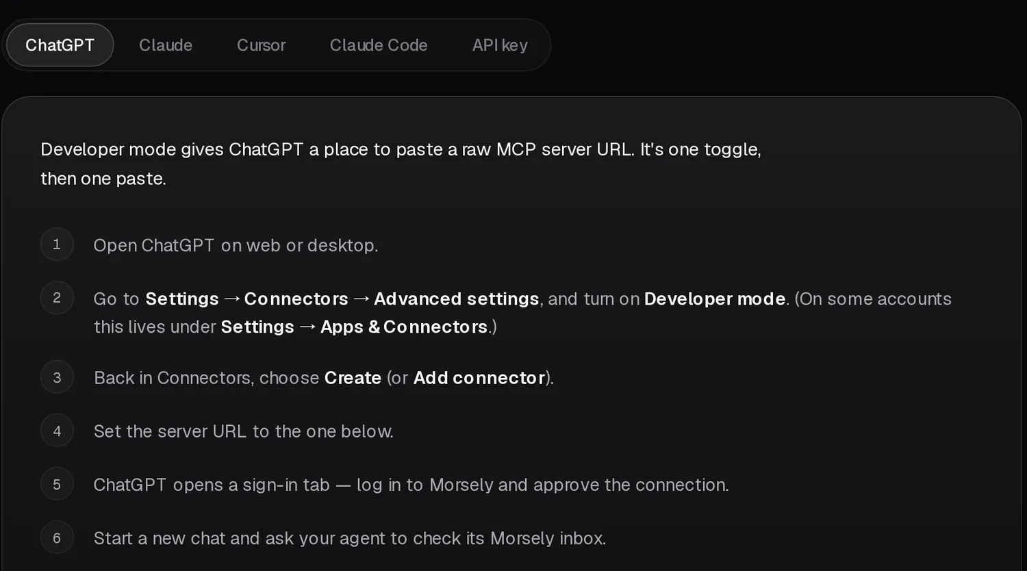 The Morsely connect wizard with the ChatGPT tab selected, listing the six setup steps