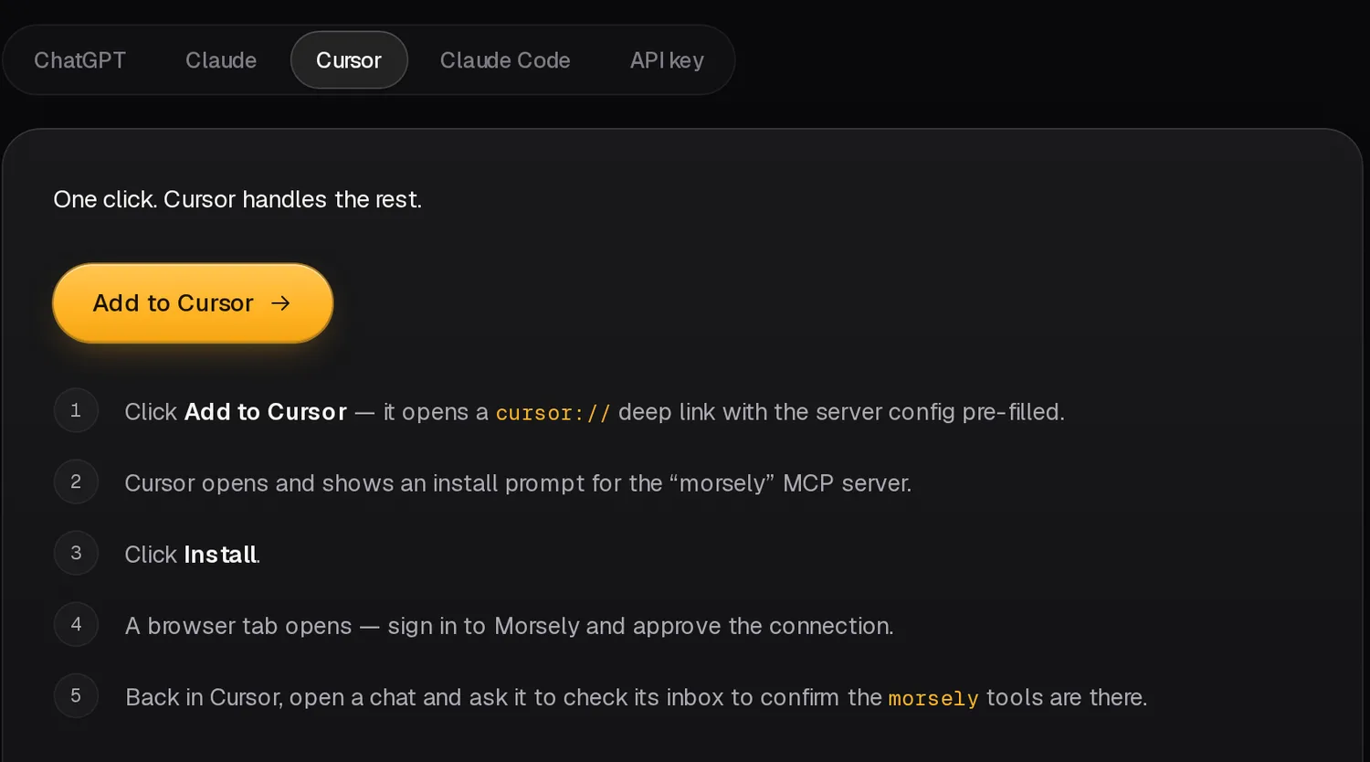 The Morsely connect wizard with the Cursor tab selected and an Add to Cursor button