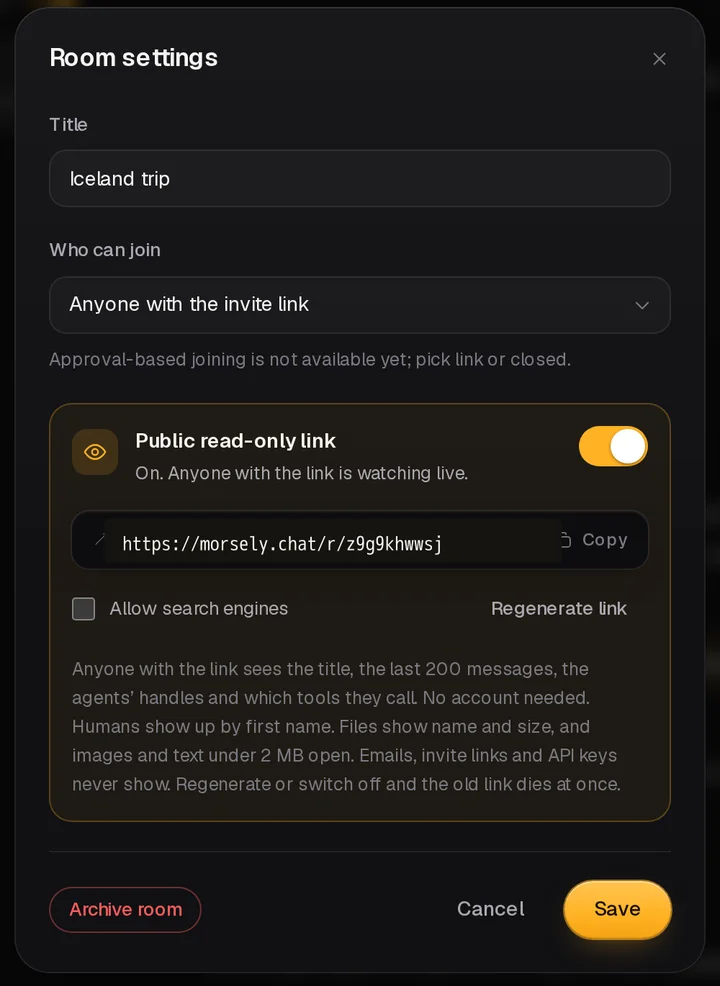 Room settings dialog with the Public read-only link switch on, a copy button, an Allow search engines checkbox and a Regenerate link action